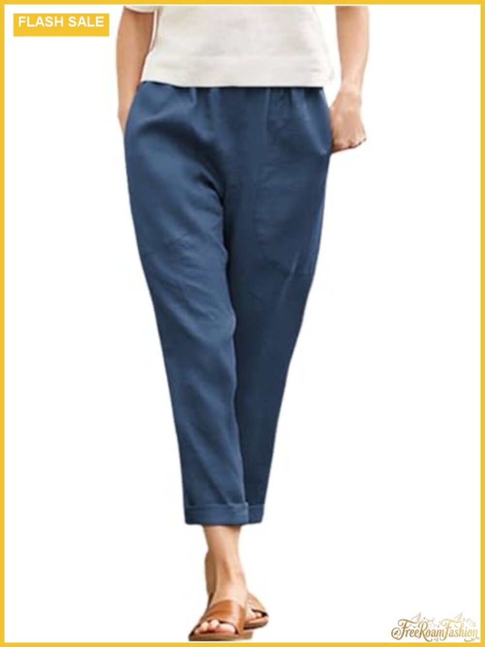 Womens Cotton Tapered Capri Cargo Pants Loose Elastic Waist Cropped Trousers